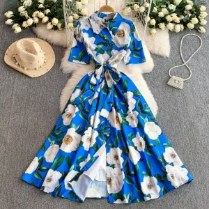 French Style Dresses Printed Lapel Shirt Women’s Summer Vacation Tie Up Waist Slimming Long Elegant Chic Vestidos