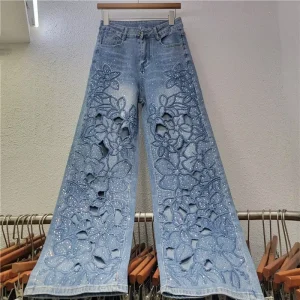 French Style Elegant Temperament Fashion All-Match Hollow Flower Embroidery High Quick Dry Jeans Women’s