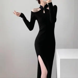 French Style Fashion Halter Neck Spaghetti Strap Illusion Black Women’s Luxury Femme Fatale Modified Dress