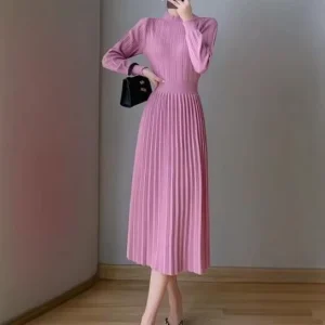 French Style Half-Neck Spaghetti Strap Thick Knitted Dress Women’s Autumn Winter Waist-Cinching Sweater
