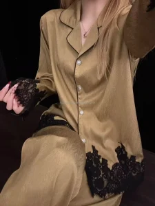 French Style Light Luxury Lace Patchwork Ice Silk Pajamas for Spring and Autumn Women Sleepwear