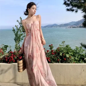 French Style Pink Floral Maxi Dress Women’s Spaghetti Strap Waist Cinched Chiffon Dress for Beach Vacation