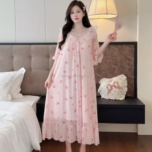 French Style Princess Nightgown Women Cute Lace Trim Mesh Gauze Nightdress Sweet Floral Print Home Dress