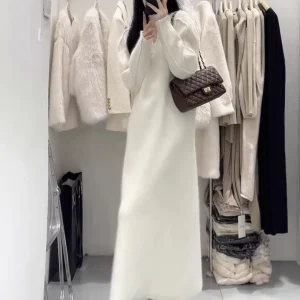 French Style Solid Elegant Mid-length White Raccoon Velvet Knitted Sweater Dress Women’s Autumn Winter Thickened Top