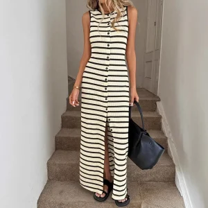 French Style Striped Button Sleeveless Knitted Casual Women’s Summer High end Vest Dress
