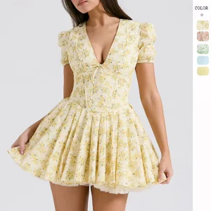 French Style Sweet Floral Puff Sleeve Anti-static High Waist A-Line V-neck Polyester Dress Sporing Summer Ballet Outfit