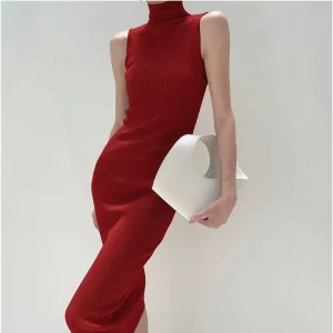 French Style Turtleneck Knitted Sleeveless Dress Women’s Inner Wear Autumn Winter Slim Elegant Straight Midi Base Hip Skirt