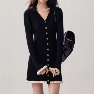 French Style V Neck Waist cinching Short Long Sleeves Knitted Women’s Sweater Dress