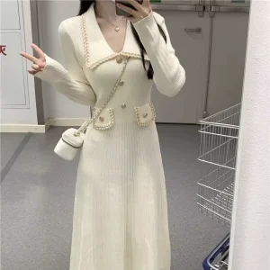 French Style style Vintage Summer Mid length Knitted Base Shirt Long sleeved High end Design Sense Dress Women’s Elegant