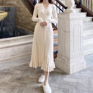 French V-Neck Button A-Line Long Sleeve Thick Knitted Dress Women’s Autumn Elegant Nylon/Cotton Sweater Dress