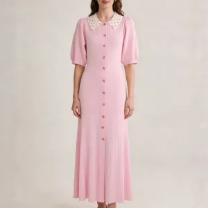 French style Peter Pan Collar Short Sleeve Solid Long Dress Summer Slim fit Women’s A-line Knit Dress