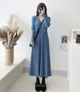 French style V neck Anti Wrinkle Knitted Sweater Dress Elastic Waist A line Silhouette Long Sleeves Autumn Simple Women’s Midi