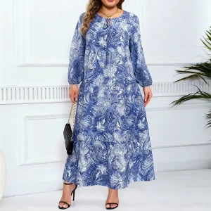 Full Floral Printed Plus Size Women’s Spring Dress O-neck Long Sleeve Straight Loose Fit Skirt Lace-up Design Vacation Dress