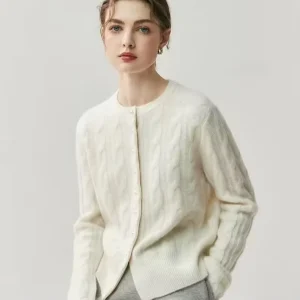 Fully Customizable White Ladies’ Soft Single Breasted Crew Neck Cardigan Pearl Buttons Breathable Autumn Sweater