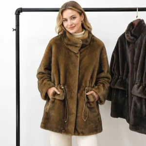 Fur Coated Round-neck Leather Overcoat Synthetic Mink Fur Women’s Mid-length Coat