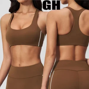 GH Women’s Lightweight Quick Dry Sports Bra Soft Stretchy Compression Color Contrast Piping Racer Back Sports Bra