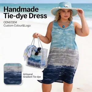 GOTS & OEKO-TEX Certified 100% Cotton Women’s Blue Gradient Tie Dye Midi Dress Casual Beach Summer Breathable Tank Dress
