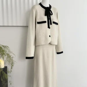 Gentle Color Contrast Bow Soft and Elegant Midi Cardigan Winter Women’s Chic Outfit