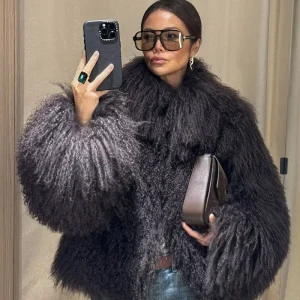 Genuine Mongolian Fur Coat Luxury Tibet Lamb Fur Overcoat Fluffy Thick Jacket Ladies