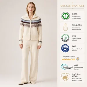 Geometric Jacquard Zip Up Fleece Collar Merino Wool Blend Women Cardigan Sweater
