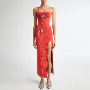 Geometric Pattern Women’s Sweater Dresses Maxi Length Women’s Slip Floral Knitted Slit Dresses