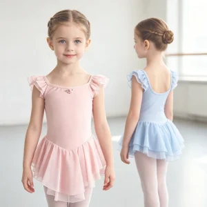 Girls Ballet Dance Leotard Ruffle Sleeve Neck With Double Layer Chiffon Skirt Breathable Cotton Dress For Kids Training
