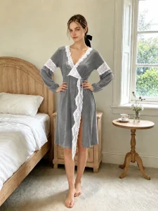 Glamour Custom Women’s Nightdress Eco Friendly Lyocell Loungewear Long Sleeve Sleepwear Sexy Laces Embroidery Mid Length Robe