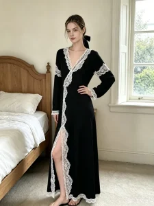 Glamour Custom Women’s Nightdress Eco Friendly Modal Loose Loungewear Knit Long Sleeve Sleepwear Sexy Laces Embroidery Maxi Robe