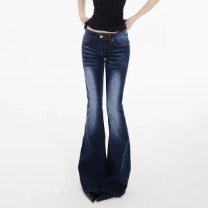 Gradient Washed Low Waist Flare Jeans for Women Streetwear Y2K Style Slim Fit Bootcut Dark Denim Pants Breathable Vintage