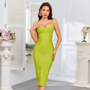 Green Bandage Dress Women’s Midi Sweetheart Sleeveless Striped Pencil Party Wear Cocktail Wedding Guest Back Slit