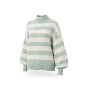 Green White Striped Sweater Custom Logo Women Puff Sleeve Fuzzy Knitwear Manufacturer OEM ODM Pull