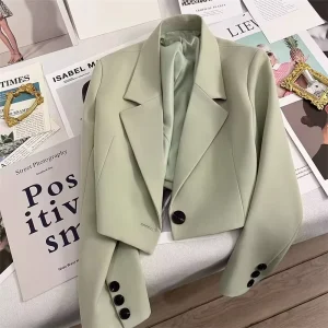 Green Women’s Petite Blazer Versatile Single Button Short Jacket with Solid Print Pattern Woven Notched Collar