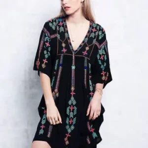 Grosy Women’s Embroidered Mexican Peasant Dresses Plus Size Fiesta Boho Dress for Women Traditional Floral Bohemian Tunic
