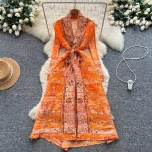 Grown Dress for Woman Vintage Floral V-Neck Long Sleeve Tie-Waist Pleated Women’s High-End Casual Long Dress