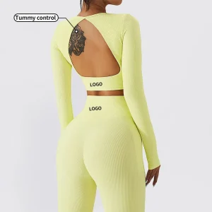 Gym Fitness Sets Ribbed Workout Yoga Leggings Sportswear Women’s Yoga Sets Long Sleeve Backless Top Activewear