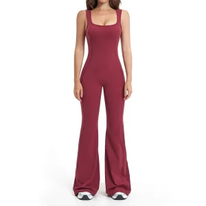 Gym Sweat Wicking Sleeveless Flare Pants Yoga Jumpsuit Breathable Wide Straps Backless Workout Romper One Piece Sports Bodysuit