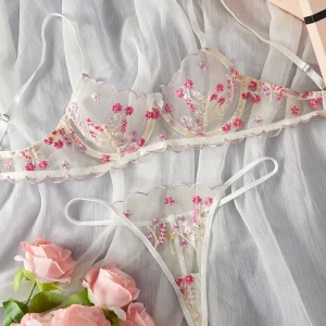HF4107 European American Lace Floral Embroidery Sexy Comfortable Breathable Underwire Nylon Bra Panty Set