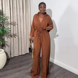HK7469 Chic Jumpsuit Women Polo Collar Long Sleeve Single Breasted Waist Tie up Wide Leg Jumpsuit for Ladies
