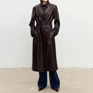 HN000004 Women’s Slim Fit Belted Waist Long Leather Overcoat Notched Lapel Wax Dyed Sheepskin Trench Coat