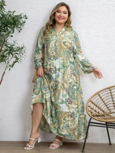 HOT Women’s Plus Size Woven Vacation Dress Retro Paisley Print V neck Straight Loose Fit Skirt Casual Beach Wear Cashew 1XL 5XL