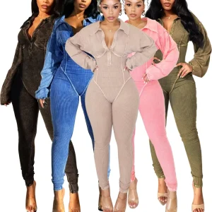 HR24102 One Piece Jumpsuit Women Fall Winter Long Sleeve Sport Outfit Washed Ribbed Retro Rompers Women Jumpsuit