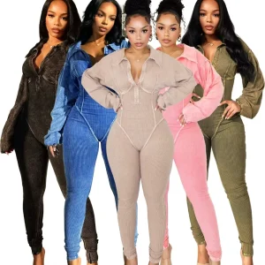 HR24102 One Piece Jumpsuit Women Spring Fall Long Sleeve Sport Outfit Washed Ribbed Retro Rompers Women Jumpsuit