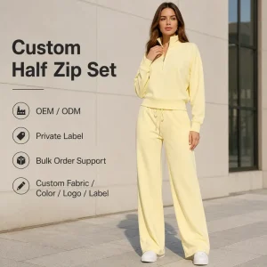 Half Zip Set Womens Pale Yellow Stand Collar Half Zip Pullover With High Waisted Wide Leg Jogger Pants Tracksuit