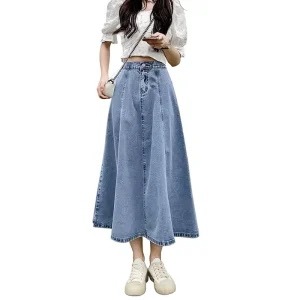 Half elastic Waist Denim Midi Skirt Women’s Large Size High Waist A line Retro American Hip Summer