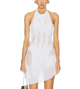 Halter Sleeveless off Shoulder Bare Back Transparent Mesh Fabric Pleated Design Women’s Club Mini Dress Straight Pearls Natural