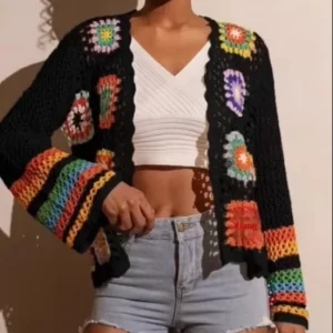 Handmade Crocheted Knitted Thin Spandex Polyester V Neck Cardigan Women’s Spring Autumn Ethnic Style Vintage Hollow Bohemian