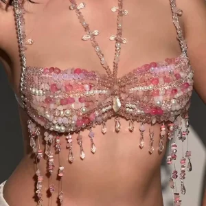 Handmade Luxury Gold Plated Long Pink Acrylic Beaded Body Chain Jewelry Sexy Crystal Bra Chain Women Summer Beach Wedding Party