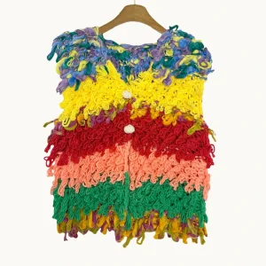 Handmade Sweater Women’s Casual Color V Neck Vest Cardigan Sweater with Button and Tassel Sleeveless Hand Knitted Sweater