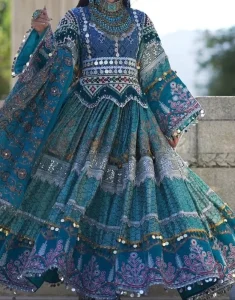 Handmade Tie Dye Blue and White Floor Length Afghan Kuchi Dress with Heavy Multi Colored Hand Embroidery Mirror Work