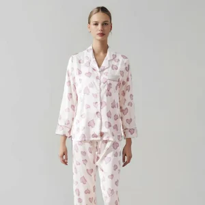 Heart Printing Cotton Spandex Sleeping Clothes For Women’s Pajama Set Long Sleeve Buttoned Breathable Woven Fabrics Sleepwear